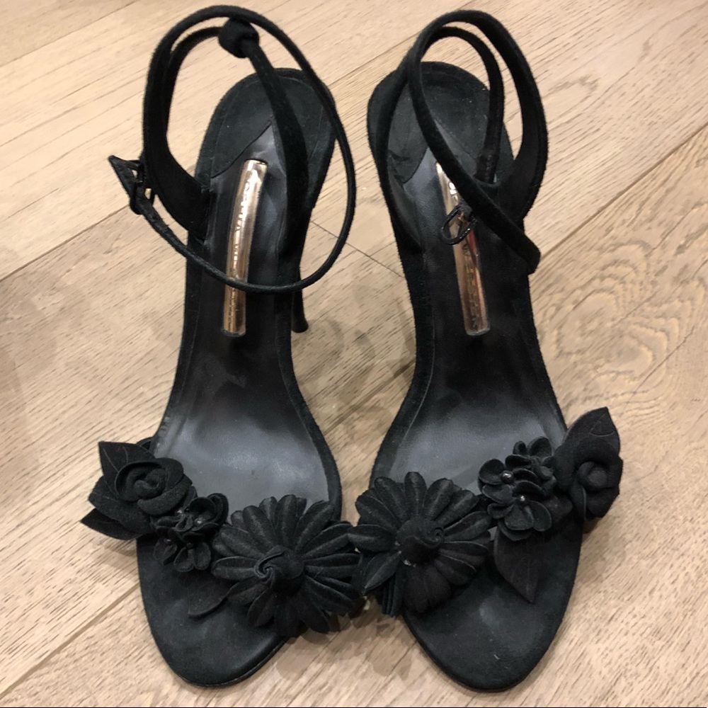 Sophia Webster black suede high heel flower detail